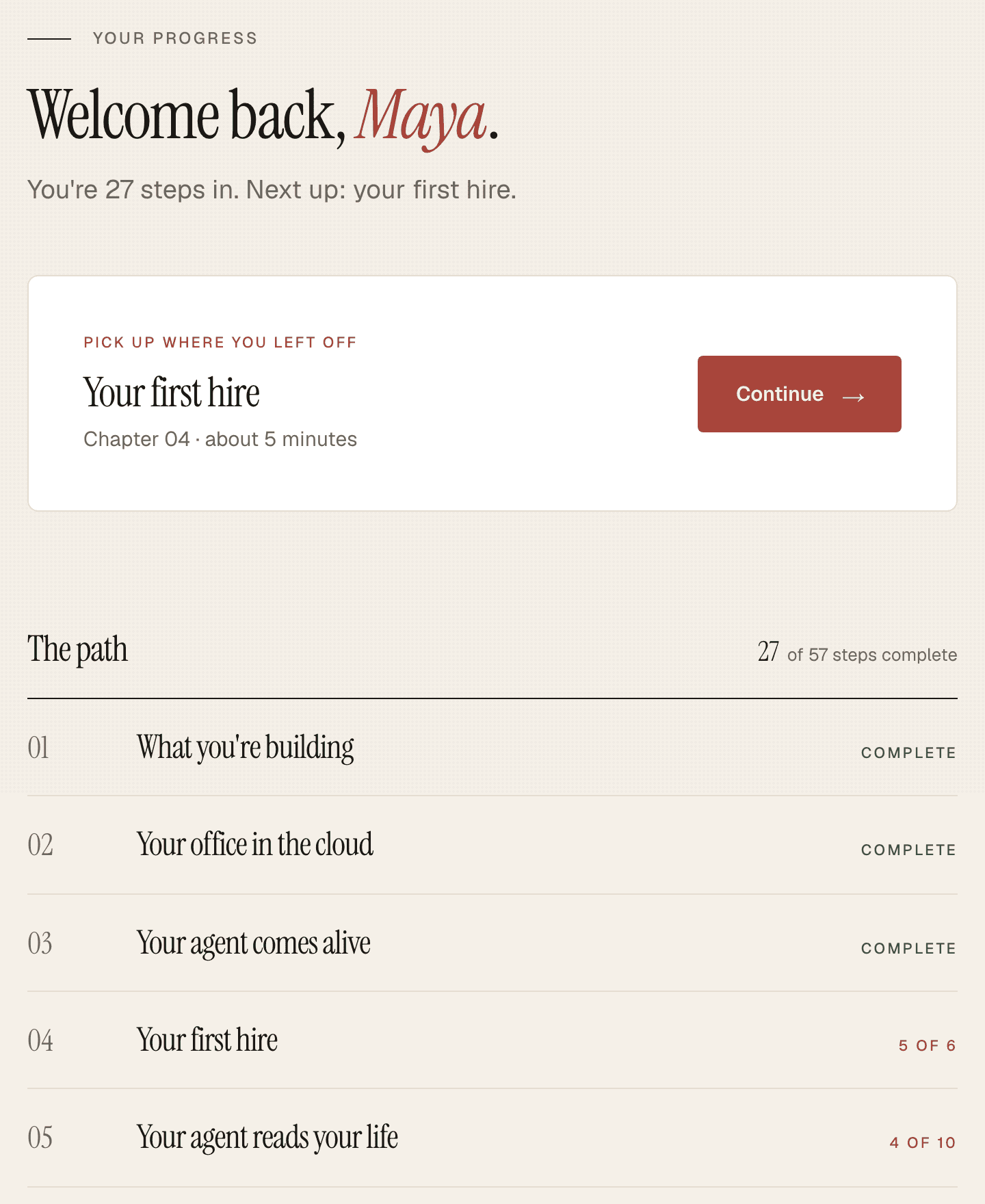 Course home showing chapters with step-by-step progress