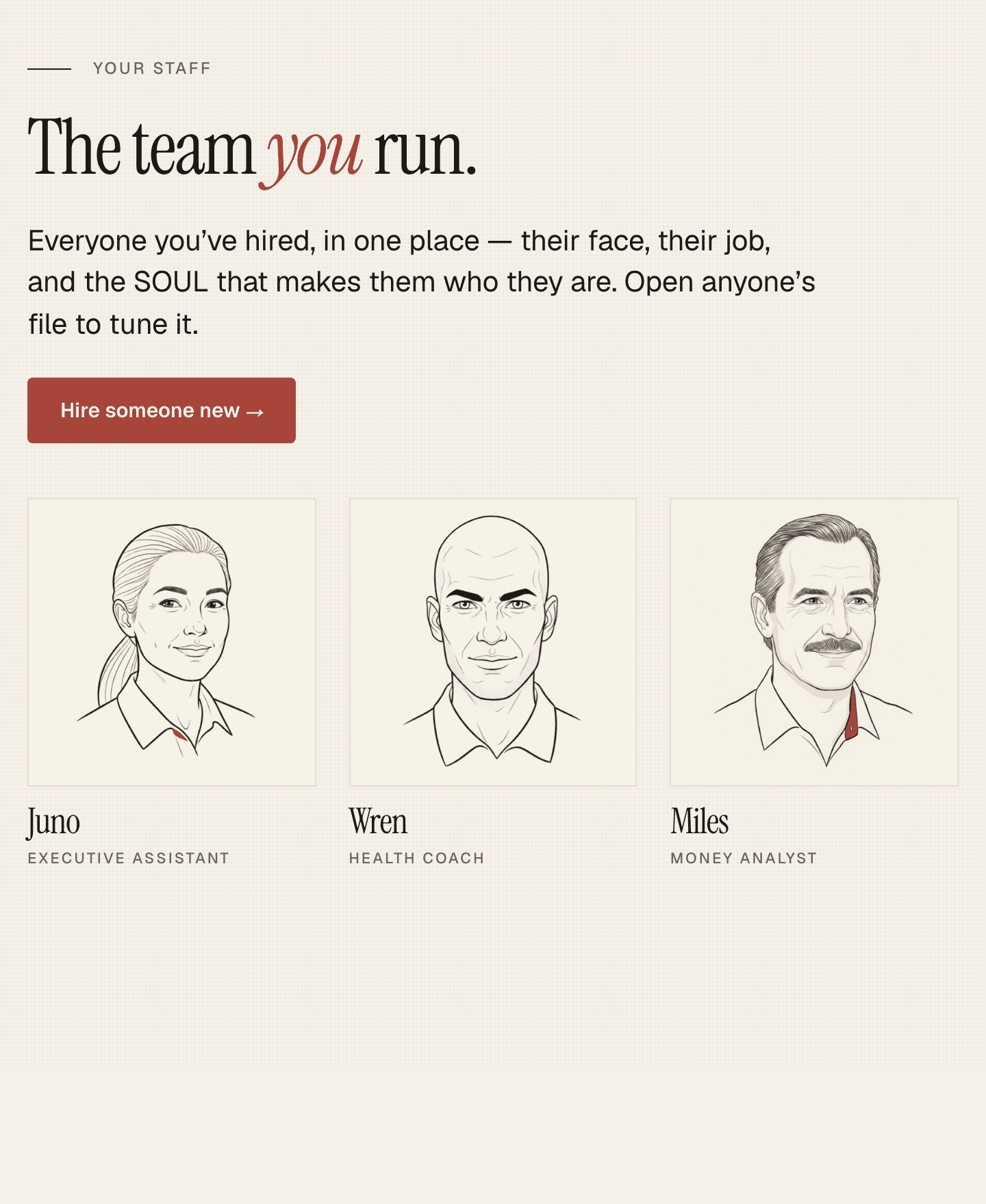 The Staff page — your hired agents with generated portraits